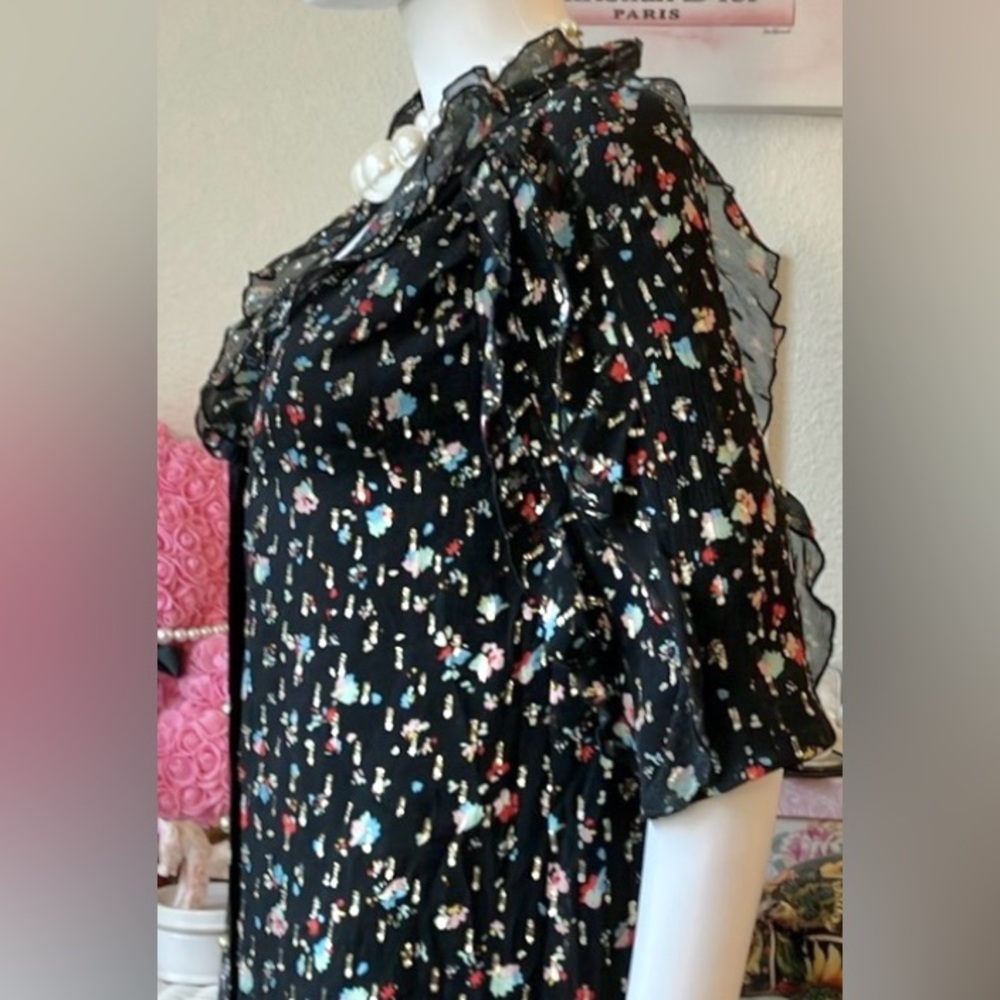 Sezane Josephine Mini Dress Silk Low Cut Ruffles Black w/ Pink Size FR 36 = US 4 - Picture 7 of 13